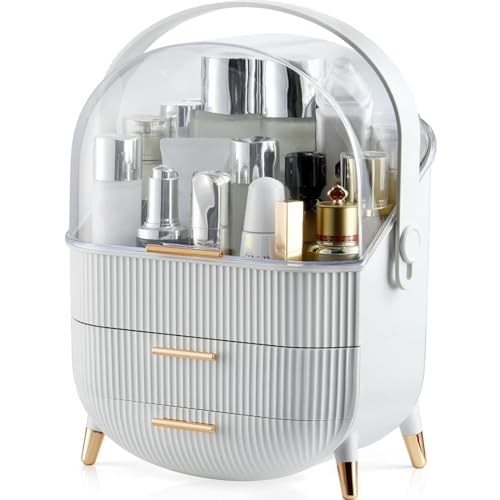 jiucy Cosmetic Storage Box With Dust Cover And Portable Handle,Skin Care Organizer, Large Capacity Cosmetics Organizer with Brush Organizer, Ideal Gifts for Women (White, Large), JOWS365