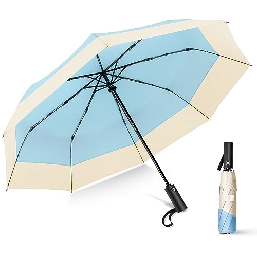 LEAGERA Compact Small Travel Umbrella - Arc 46 Inch, Automatic Umbrella Folding Beautiful Umbrella, Portable & Lightweight Umbrella's for Rain&Sun, Perfect Women Themed Gifts Umbrella, Light Blue