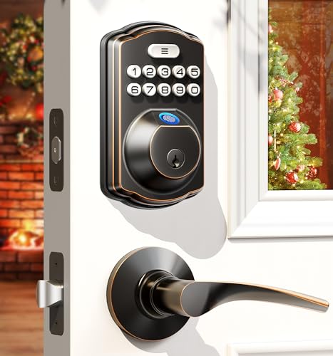 Veise Fingerprint Door Lock with 2 Lever Handles - Keyless Entry Door Lock, Electronic Keypad Deadbolt & Front Door Lock Handle Sets, Auto Lock & 1 Touch Locking, Easy Installation, Oil Rubbed Bronze