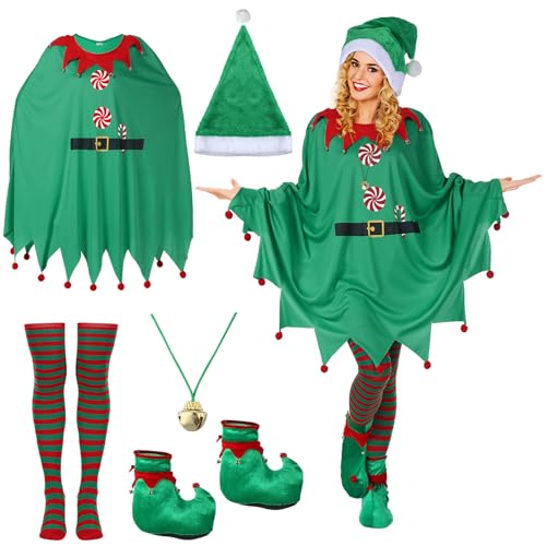 Berlune 7 Pcs Elf Poncho Costume for Women Santa Helper Outfit Elf Poncho Xmas Hat Jingle Bells Necklace Striped Socks Elf Shoes