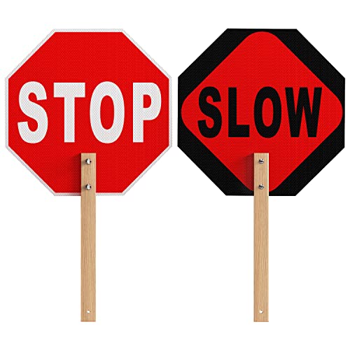 Stop Slow Sign, Double Sided Street Slow Warning Reflective Signs, 13x13in Octagon Rust Free Aluminum, with Bamboo Handle, UV Protected and Waterproof, Weather Resistant, Durable Ink, Easy to Mount