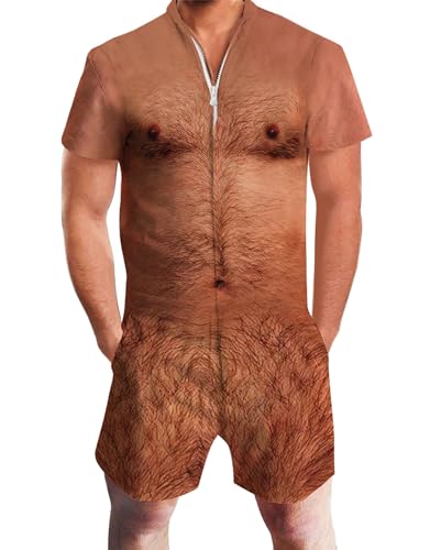 RAISEVERN Men's Romper Hairy Chest Ugly Body One Piece Zipper Jumpsuit Funny Pockets Shorts for Party Travel Beach Outfits (S)