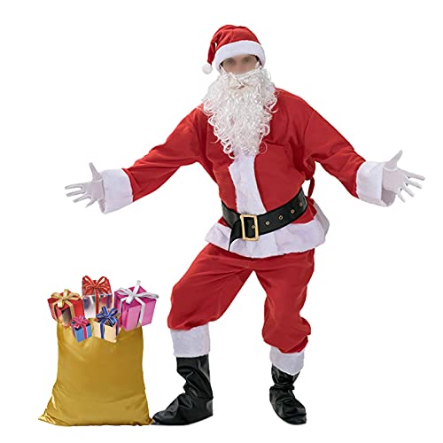muyulin Men's Santa Claus Costume Adults Suit 8 PCS, Deluxe Velvet Large Santa Outfits for Christmas, Cosplay Party, with hats, beard, belt