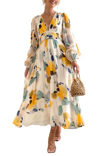 Sissyaki Women's Long Sleeve Boho Floral Maxi Dress Smocked Beach Flowy Dress Yellow-Watercolour S