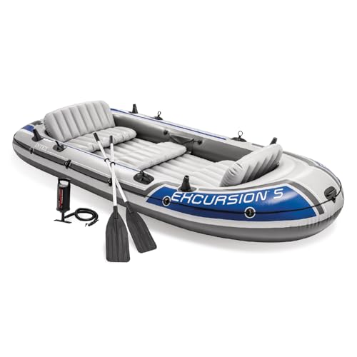 INTEX 68325EP Excursion 5 Inflatable Boat Set: includes Deluxe 54in Boat Oars and High-Output Pump – Adjustable Seats with Backrest – Fishing Rod Holders – 5-Person – 1320lb Weight Capacity