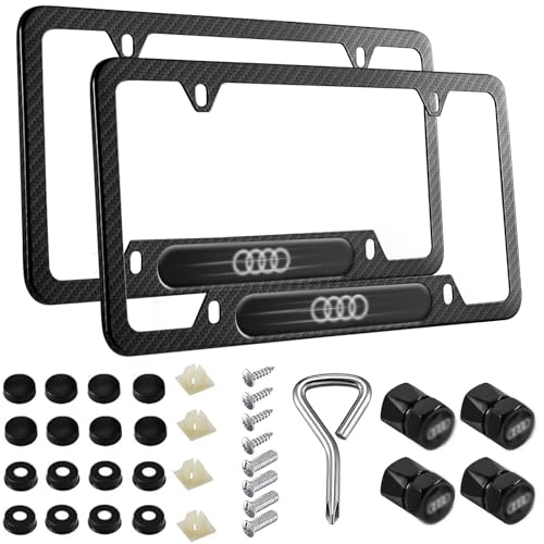 YMJOGGUX Black License Plate Frames Compatible with Audi, 2Pcs Carbon Fiber Printing License Plate Holder, Aluminum Alloy Weather Proof License Plate Covers with Screw Caps Cover Car Accessories