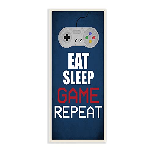 Stupell Industries Eat Sleep Game Repeat Pixel Typography Vintage Controller, Designed by Kim Allen Wall Plaque, 7 x 17, Blue