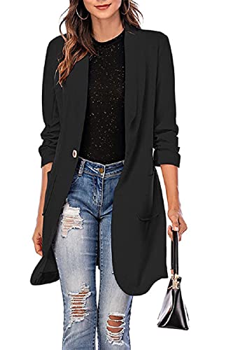 Grlasen Women's Casual Long Blazers Ruched 3/4 Sleeve Lapel Oversized Suit Jacket Elegant Work Office Blazer Jackets Black