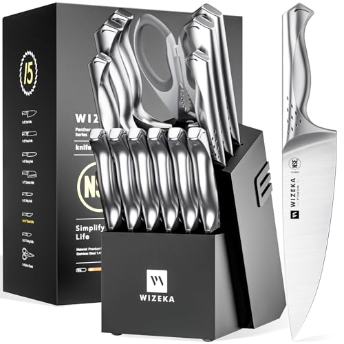 WIZEKA Kitchen Knife Set with Block, Dishwasher Safe 15 Pcs Professional Chef Knife Set with Knife Sharpener, Food Grade German Stainless Steel Knife Block Set, Jaguar Series, Christmas Gifts