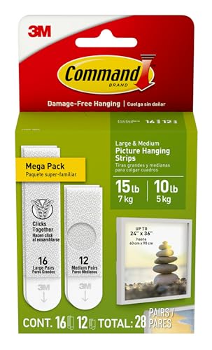 Command Medium and Large Picture Hanging Strips, Damage Free Hanging Picture Hangers, No Tools Wall Hanging Strips for Living Spaces, White, 12 Medium Pairs and 16 Large Pairs