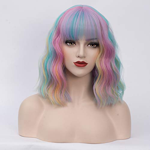 Cying Lin Short Bob Wavy Curly Wig Rainbow Air Bangs Wig For Women Cosplay Halloween Wigs Heat Resistant Bob Party Wig