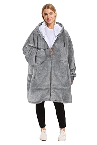Catalonia Zip Up Blanket Hoodie Sweatshirt, Oversized Sherpa Pullover Jacket Coat for Men Women, Comfortable Gift for Her Ash Grey