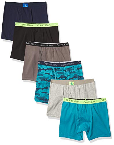 Calvin Klein Boys' Underwear Cotton Boxer Brief, 6 Pack, Castlerock Grey/Moon Blue/Black Iris/Camo/Heather Grey/Black, Large