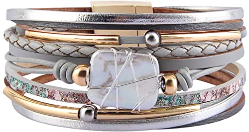 Fesciory Leather Wrap Bracelets for Women, Boho Leopard Multi-Layer Crystal Beads Cuff Bracelet Jewelry