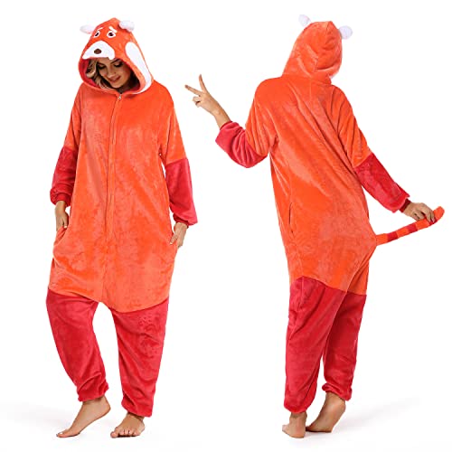 Afoxsos Red Panda Costumes for Teens Adults, Panda Mei Plush One Piece Costume, Halloween Cosplay Jumpsuit,Turn Red Costume Onesie, One Piece Animal Pajamas S, Orange