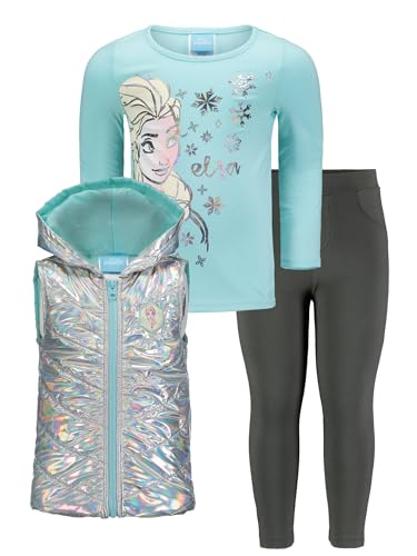 Disney Frozen Elsa Toddler Girls Zip Up Vest T-Shirt and Leggings 3 Piece Outfit Set Aqua/Grey 5T