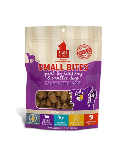 PLATO Small Bites Dog Treats | Natural, Bite Sized Real Meat & Lamb Flavor | Grain Free & High in Protein | Air Dried Authentic Ingredients | 2 Calories Per Treat | Made in The USA | 2.5 Ounces