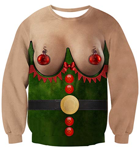 uideazone Unisex 3D Ugly Christmas Sweater Elf Boobs Printed Funny X-mas Party Graphic Sweatshirts Pullover for Men Women