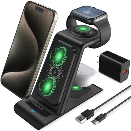 HATALKIN 3 in 1 Wireless Charging Station Compatible for Apple Products Multiple Devices Charger for Apple Watch Ultra 9 8 7 SE 6 5 4 AirPods Pro iPhone 15 14 13 12 11 Pro Max/X/XS Fast Charger Stand