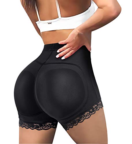 LODAY Womens Butt Lifter Padded Lace Panties Seamless Hip Enahncer Body Shaper Boyshort Underwear (BLACK, L)