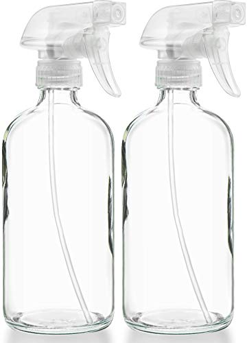 Sally's Organics Empty Clear Glass Spray Bottles - Refillable 16 oz Containers for Essential Oils, Cleaning Products, Aromatherapy, Misting Plants, or Cooking - Sprayer with Mist and Stream - 2 Pack