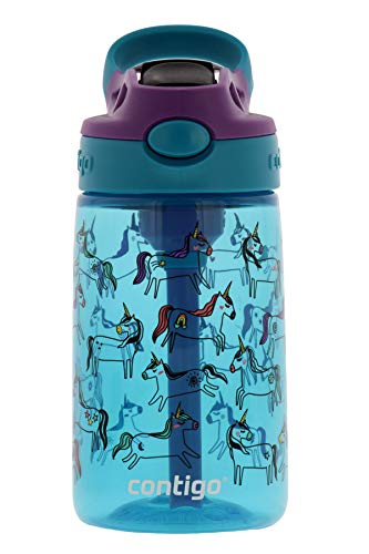 Contigo Aubrey Kids Cleanable Water Bottle with Silicone Straw and Spill-Proof Lid, Dishwasher Safe, 14oz, Unicorns
