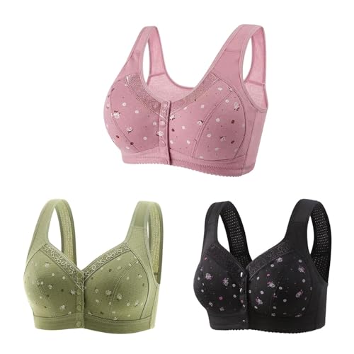 3 Pack Daisy Bra for Seniors, Front Button Closure Everyday Bra Wire Free Comfortable Push Up T-Shirt Bras Plus Size Hot Pink
