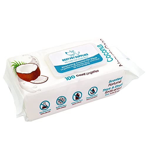 Best Pet Supplies 8' x 9' Pet Grooming Wipes for Dogs & Cats, 100 Pack, Plant-Based Deodorizer for Coats & Dry, Itchy, or Sensitive Skin, Clean Ears, Paws, & Butt - Moisturizing Coconut