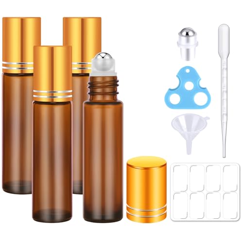 bofessor 4 Pack, Essential Oil Roller Bottles, Amber Glass Roller Balls for Essential Oils, 10ml Empty Rollerball Bottles for Travel Refillable Roll on Perfume Bottles with Caps