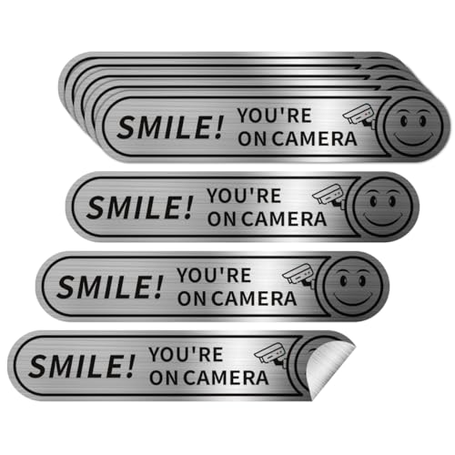 8 pieces Smile You're On Camera Stickers for Cars, Brushed Silver 24 Hour Video Surveillance Sign Sticker,5inx1in