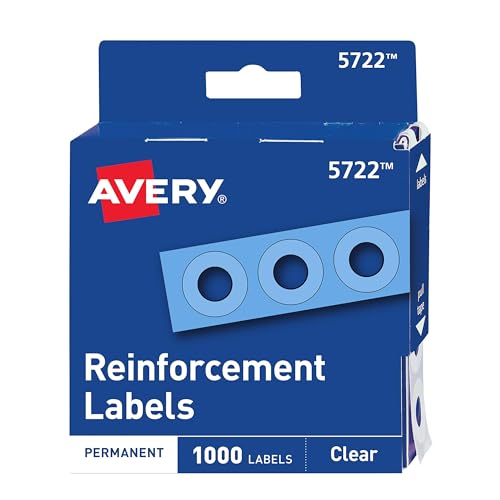 Avery Self-Adhesive Hole Reinforcement Stickers, 1/4' Diameter Hole Punch Reinforcement Labels, Clear, Non-Printable, 1,000 Labels Total (5722)