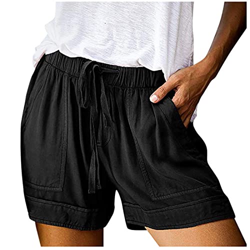 Womens Summer Lounge Shorts Drawstring Elastic Loose Walk Cotton Shorts Solid Color Comfort Travel Shorts with Pockets