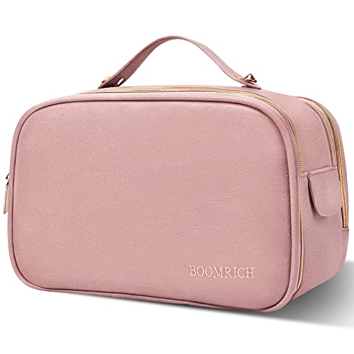 BOOMRICH Travel Makeup Bag, Cosmetic Bag, Toiletry Bag for Women, Water-Resistant Leather Toiletry Organizer, Large Dopp Kit for Toiletries Accessories, Pink