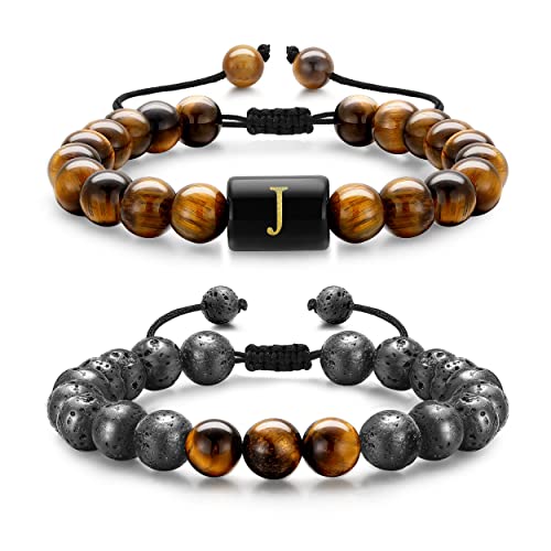 M MOOHAM Men's Tiger Eye Bracelet, Adjustable Natural Stone Beaded Bracelet with Essential Oil Diffuser, Graduation Gift for Him, Letter J Bracelet, Yellow, 7 inch
