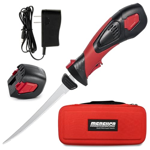 Mershca Cordless Electric Fillet Knife, with 8in Fully Serrated S.S. Coated Non-Stick Reciprocating Blades & Cooling Hole Non-Slip Grip Handle & Practical handbag, Rechargeable Electric Knife for Fishing