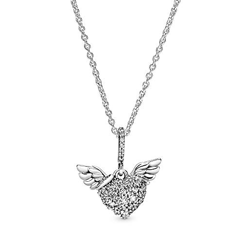 Pandora Jewelry Pave Heart and Angel Wings Cubic Zirconia Necklace in Sterling Silver, 17.7', No Box