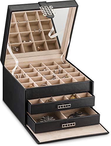 Glenor Co Earring Organizer Holder - 50 Small & 4 Large Slots Classic Jewelry box with Drawer & Modern Closure, Mirror, 3 Trays for Earrings, Ring or Chain Storage - PU Leather Case - Black