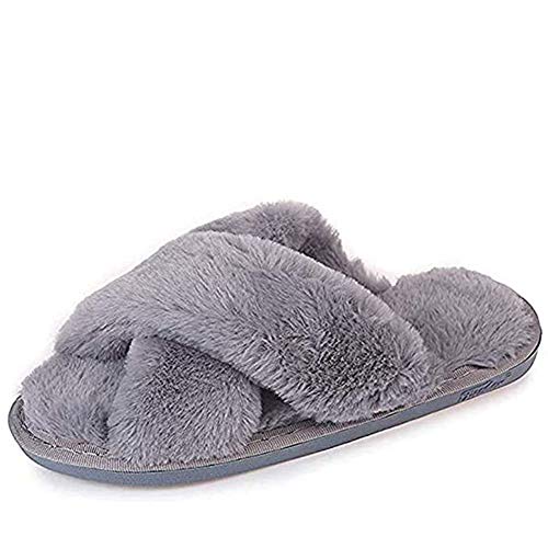 HUMIWA Gray Cross Slippers Fuzzy Fluffy Faux Fur House SPA Cute Open Toe Slippers for Women Girl