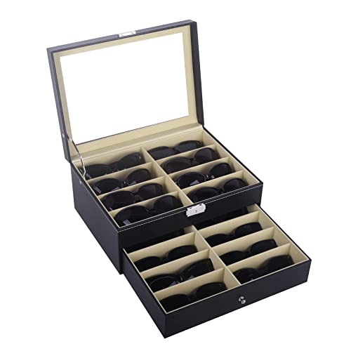 AUTOARK Leather 16 Piece Eyeglasses Storage and Sunglass Glasses Display Drawer Lockable Case Organizer,Black,AW-093