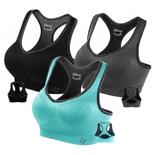 Fittin Womens Padded Sports Bras Wire Free with Removable Pads Grey/black/Blue ,L ,(Pack of 3)
