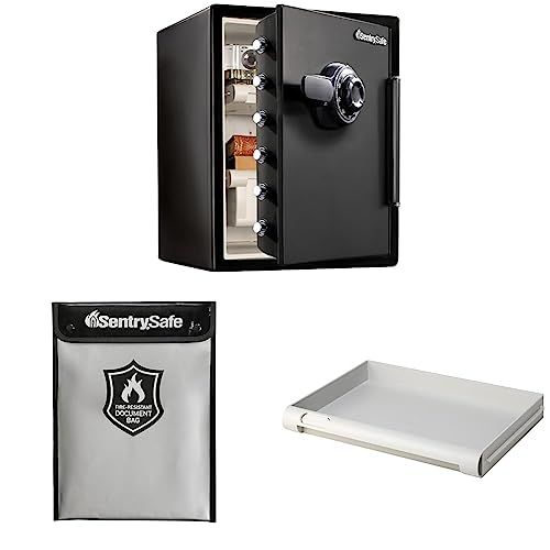 SentrySafe SFW205CWB Fireproof Waterproof Safe with Dial Combination, Black & Fire and Water Resistant Bag with Zipper & Shelf Insert for SFW205 Fireproof and Waterproof Safes, 914,White