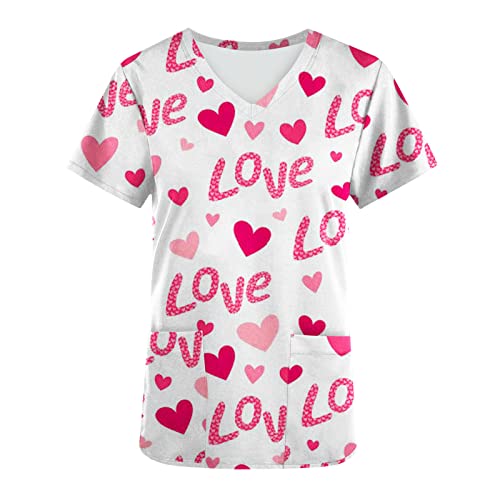Working Scrubs Nurse Uniform Women Scrubs Top Valentines Day 2024 Summer Casual Short Sleeve V Neck Blouse Top Love Heart Graphic Durable Lightweight Pockets Workwear White
