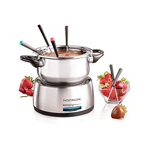 Nostalgia 6-Cup Electric Fondue Pot Set for Cheese & Chocolate - 6 Color-Coded Forks, Adjustable Temperature Control - Stylish Serving for Hors d'Oeuvres, Entrees, and Desserts - Stainless Steel