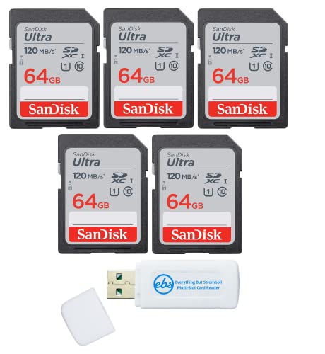 SanDisk SD Ultra 64GB Memory Card (5 Pack) Works with Bushnell Stealth P, Core, Stealth X Series Trail Camera (SDSDUN4-064G-GN6IN) Bundle with (1) Everything But Stromboli MicroSDHC & SD Card Reader