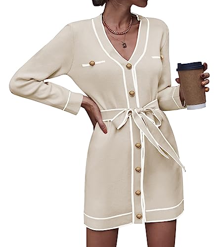 Pink Queen Soft Autumn Button Down Sweater Cardigans for Women Night Out Casual Long Sleeve V Neck Empire Waist Short Dress with Belt Apricot S