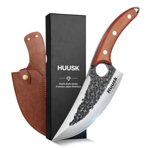 Huusk Knife Japan Kitchen Upgraded Viking Knives with Sheath Hand Forged Butcher for Meat Cutting Japanese Cooking Sharp Cleaver Chef and Outdoor Camping, BBQ