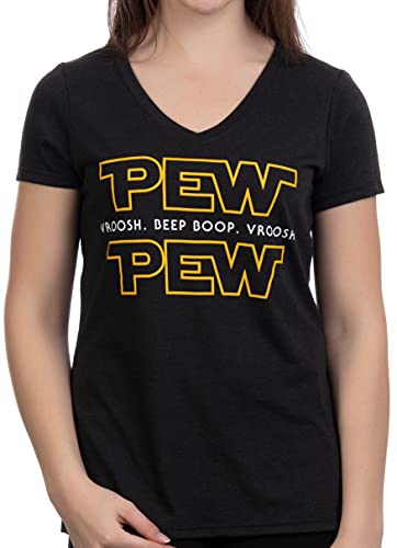 Ann Arbor T-shirt Co. Pew Pew Wars | Funny Sci-fi Space Star Noises for Geek Girl Women T-Shirt Top-(Vneck,XL) Vintage Black