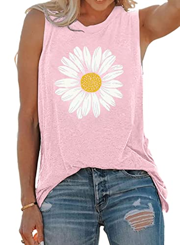 Asvivid Graphic Tank Tops for Womens Casual Loose Fit Summer Shirts Sunflower Vest Daisy Printed Sleeveless Tees Pink Tops XL