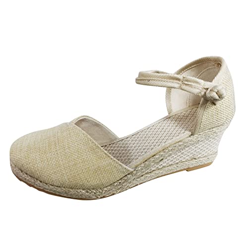 Shengsospp Wedge Espadrilles Sandals Summer Platform Sandals for Women Buckle Ankle Strap Low Wedge Sandals Casual Walking Sandal Beige_08, 7.5