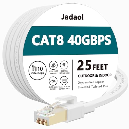 Cat8 Ethernet Cable, Outdoor&Indoor, 25 FT Heavy Duty High Speed Cat 8 LAN Network Cable, 40Gbps 2000MHz RJ45 Flat Internet Computer Patch Cord, Weatherproof S/FTP UV Resistant for Router/Modem/Gaming